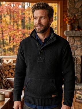 Roots Men's Black Lambswool Button Neckline Cottagecore Knit Sweater XL